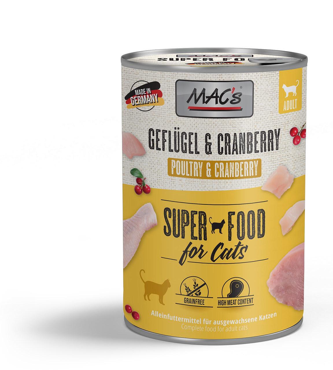 Mac's s Cat Adult Poultry Cranberry - храна за котки за здрави пикочни пътища с птиче месо и червени боровинки, 5 бр. х 200 гр.