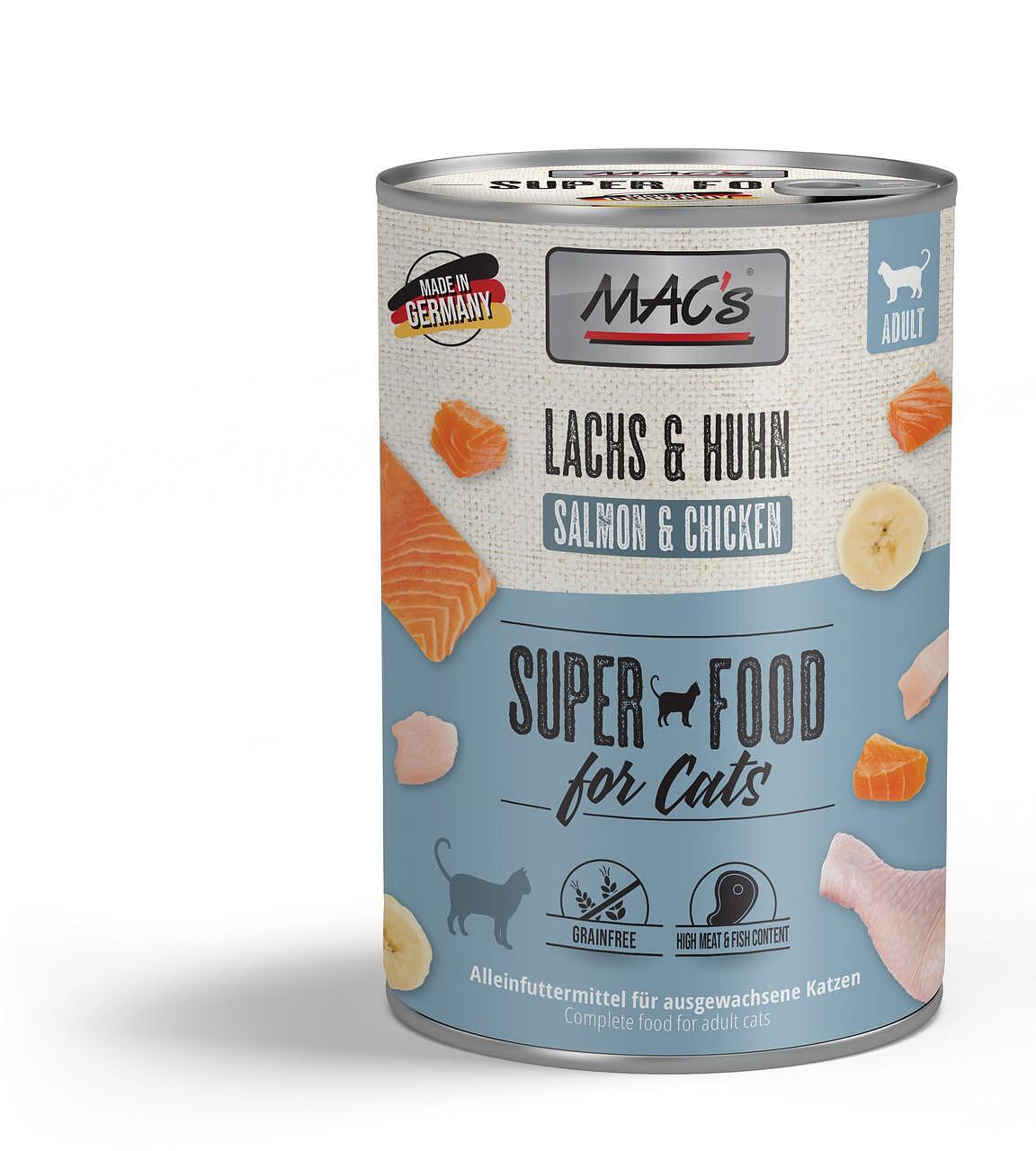 Mac's s Cat Adult Salmon Chicken Banana - храна за котки за здрава кожа и лъскава козина със сьомга, пиле и банан, 5 бр. х 200 гр.