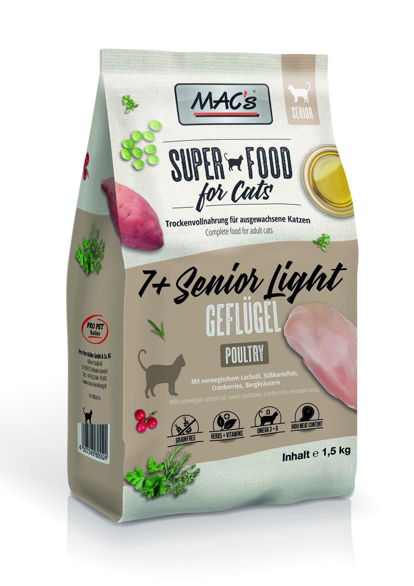 Mac's s Cat Senior 7+ Light Chicken - храна за възрастни, кастрирани или слабоактивни котки с пиле