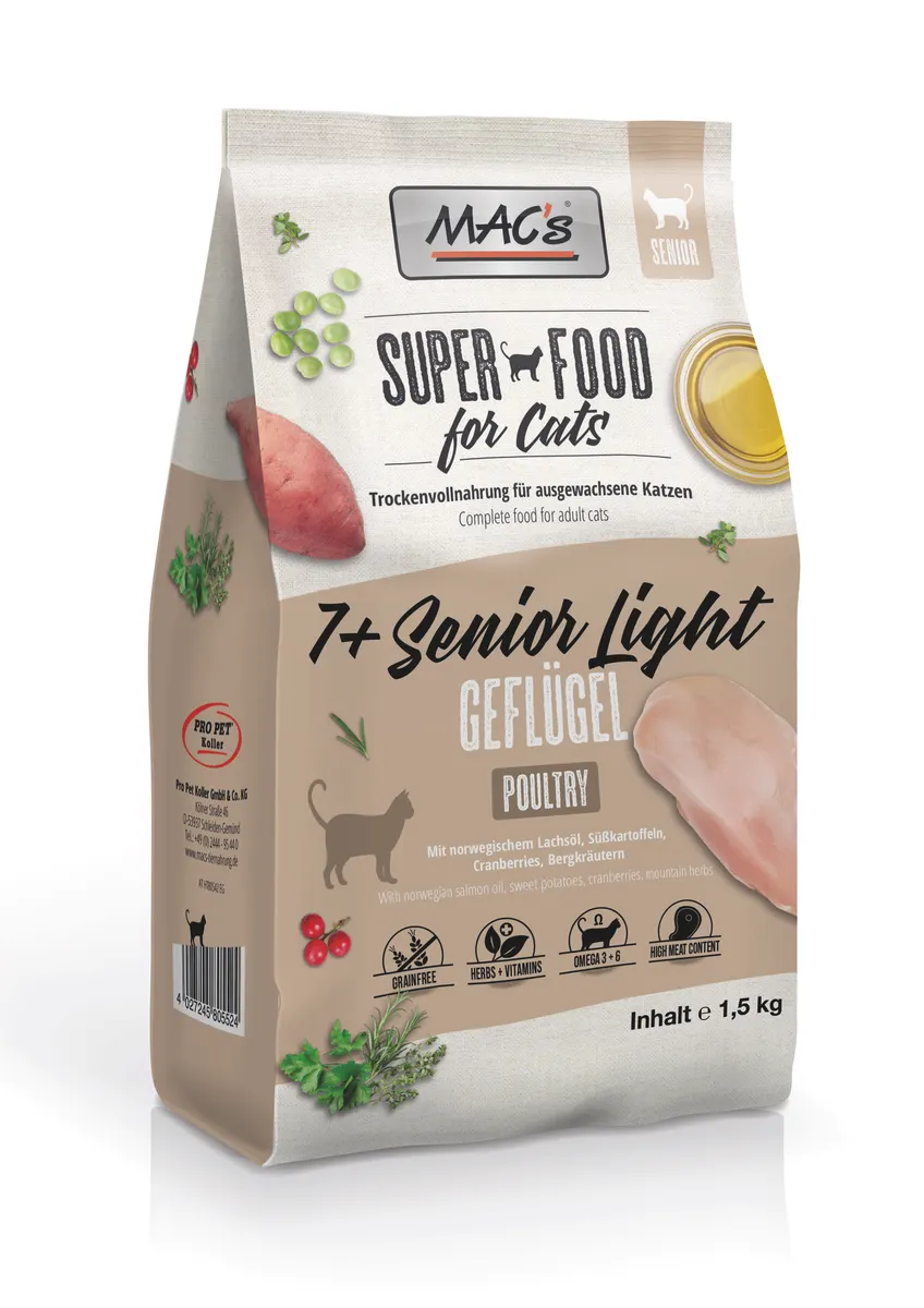 Mac's s Cat Senior 7+ Light Chicken - храна за възрастни, кастрирани или слабоактивни котки с пиле