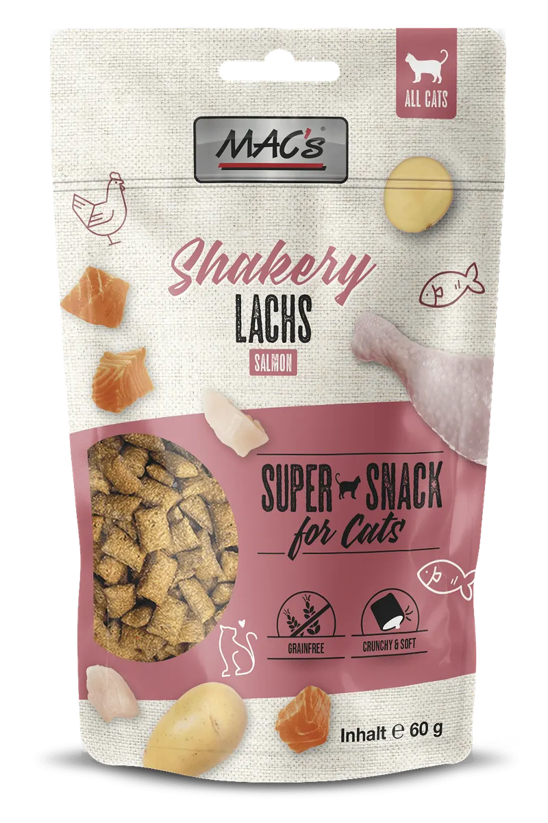 Mac's s Cat Adult Shakery Salmon - лакомство за израснали котки със сьомга, пиле и говеждо