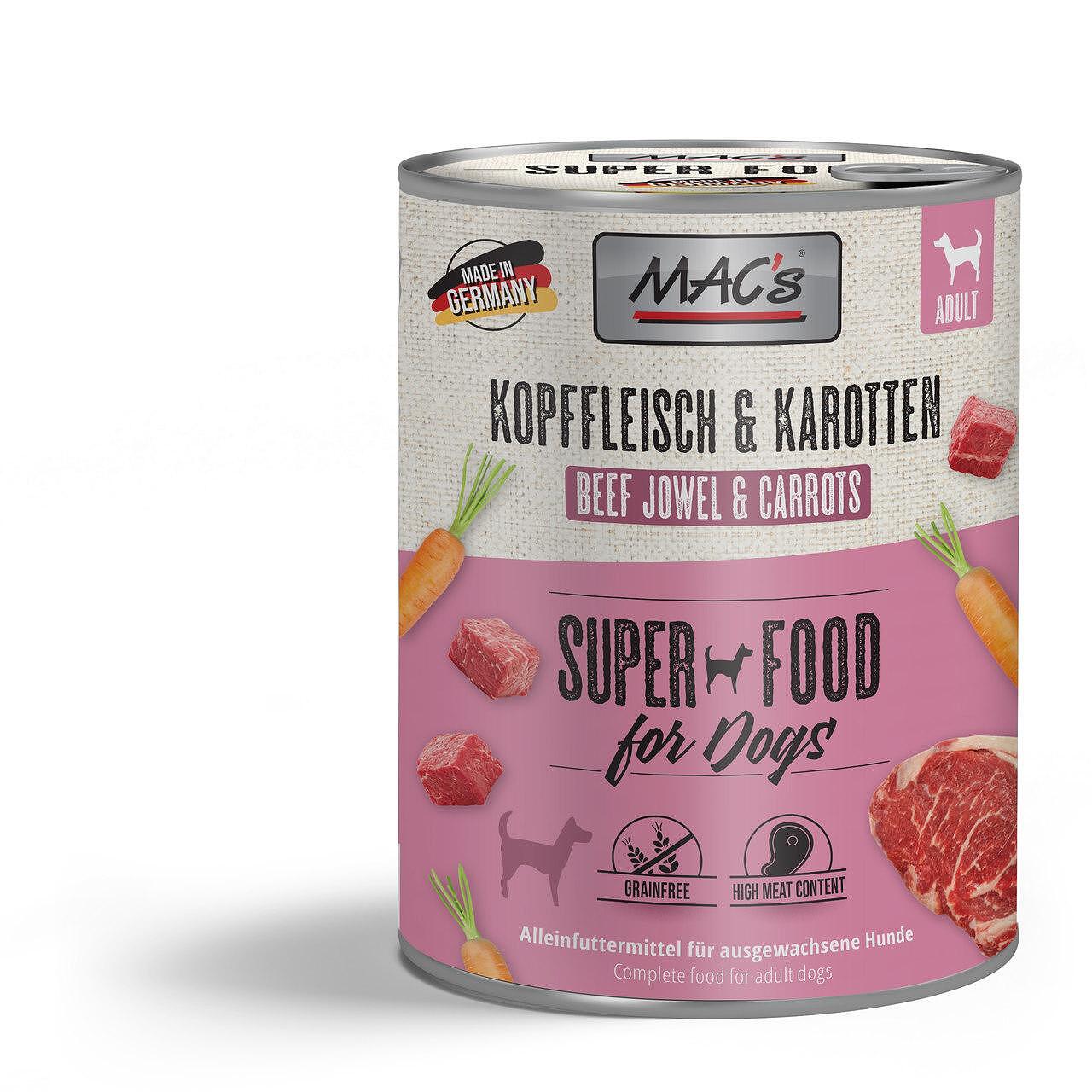 Mac's s Dog Adult Beef Jowel Carrots - храна за кучета с говеждо от врат и моркови, 3 бр. х 800 гр.