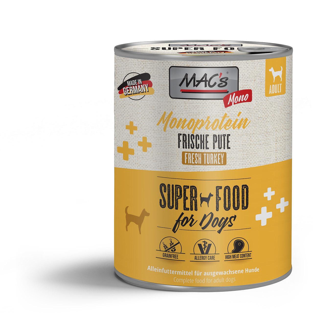 Mac's s Dog Adult Monoprotein Turkey - храна за капризни, чувствителни и податливи на алергии кучета с пуйка и сладък картоф, 3 бр. х 800 гр.