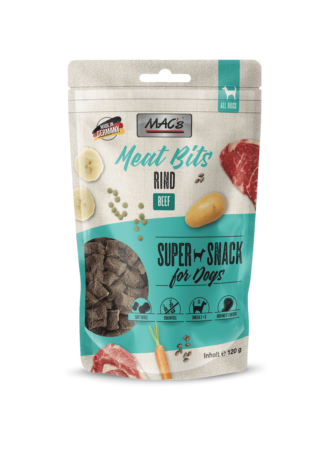 Mac's s Meat Bits Beef - меко лакомство за кучета с говеждо, 70% месо