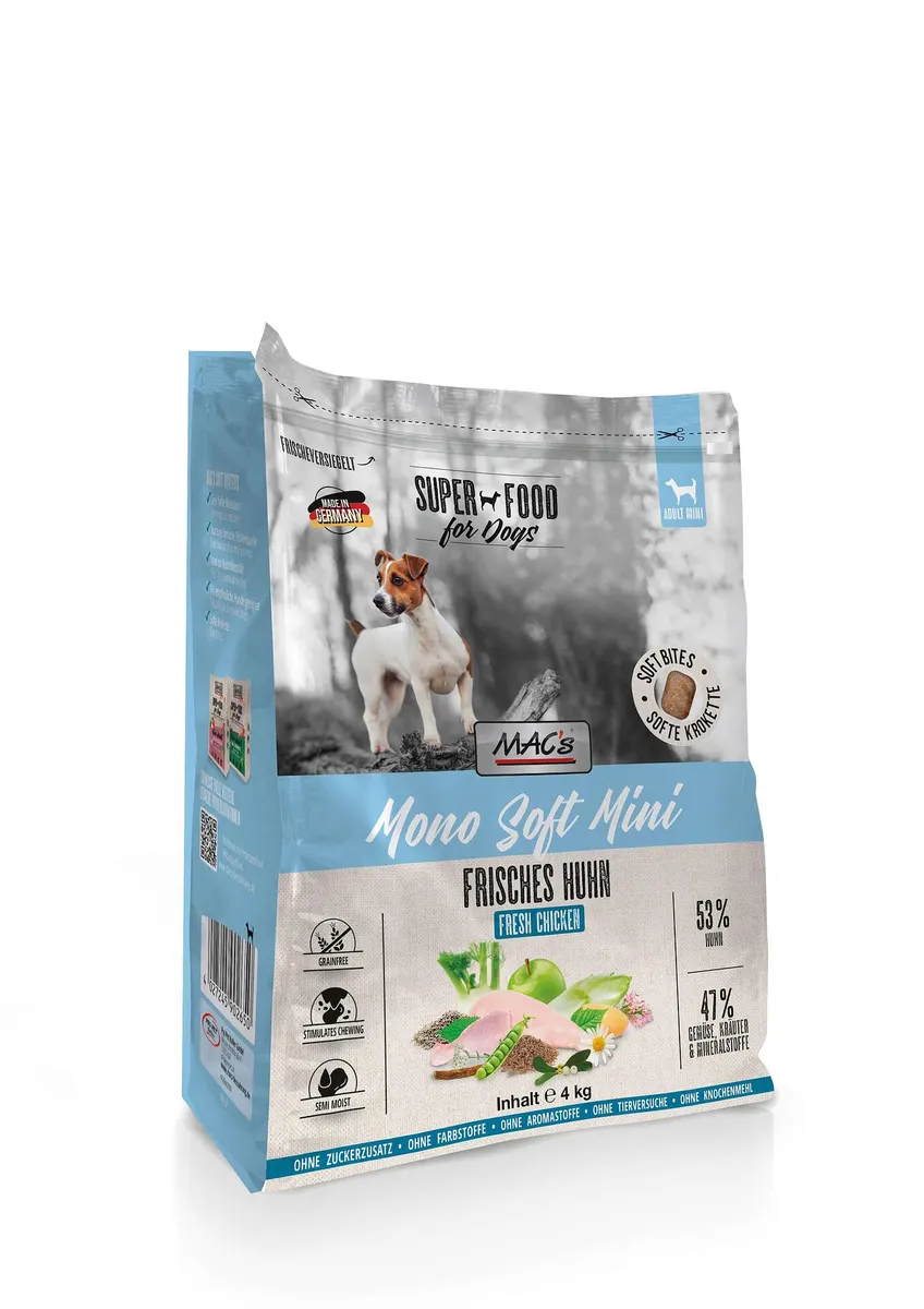 Mac's s Mono Soft Mini Fresh Chicken - мека гранулирана храна за кучета дребни породи с чувствителен стомах и/или капризен апетит с пиле