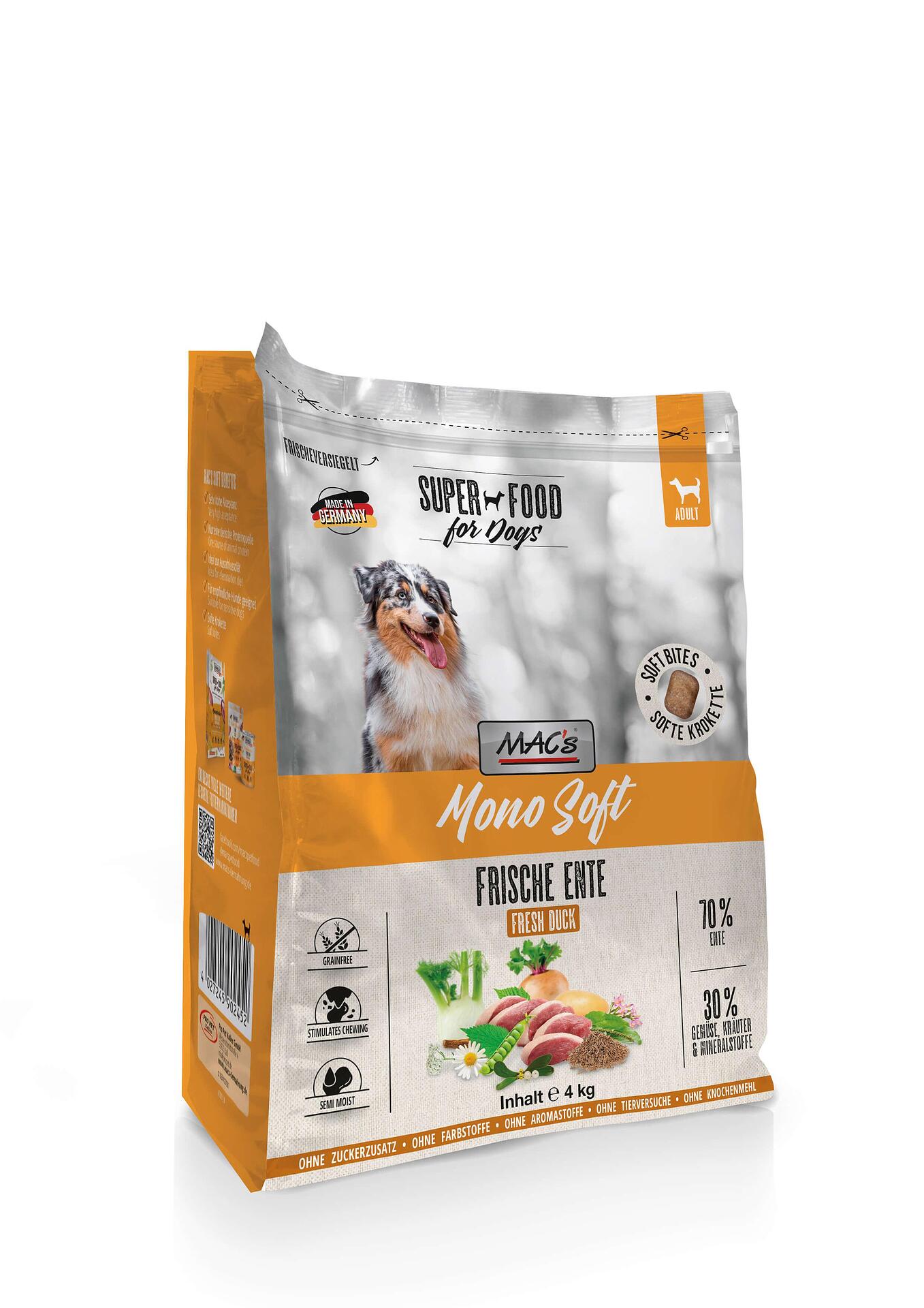 Mac's s Mono Soft Fresh Duck - мека гранулирана храна за кучета с чувствителен стомах и/или капризен апетит с патица