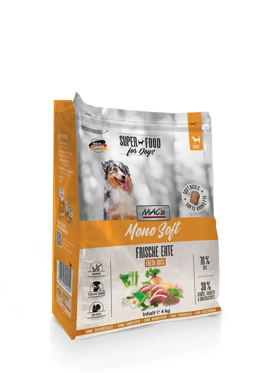 Mac's s Mono Soft Fresh Duck - мека гранулирана храна за кучета с чувствителен стомах и/или капризен апетит с патица