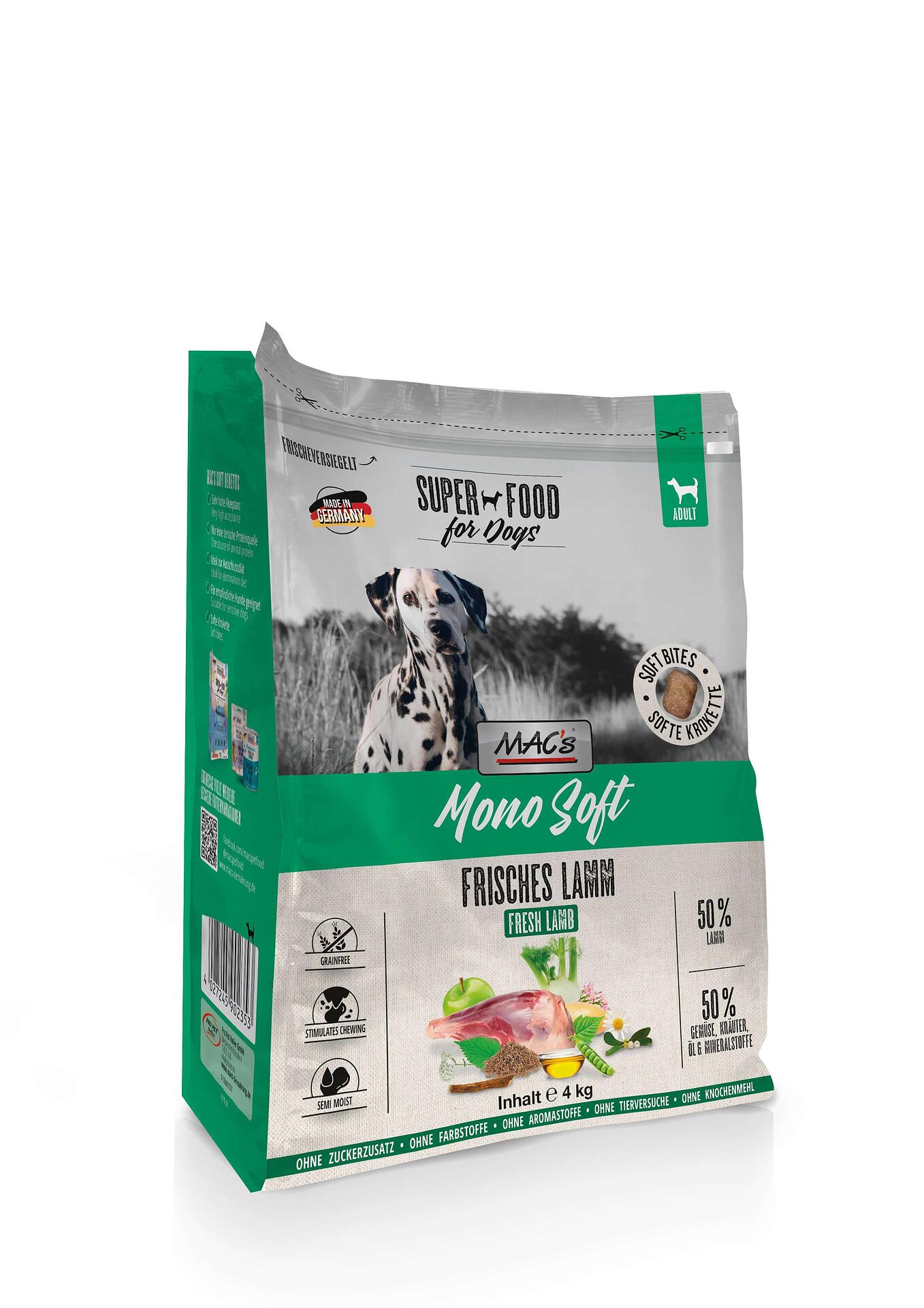 Mac's s Mono Soft Fresh Lamb - мека гранулирана храна за кучета с чувствителен стомах и/или капризен апетит с агне