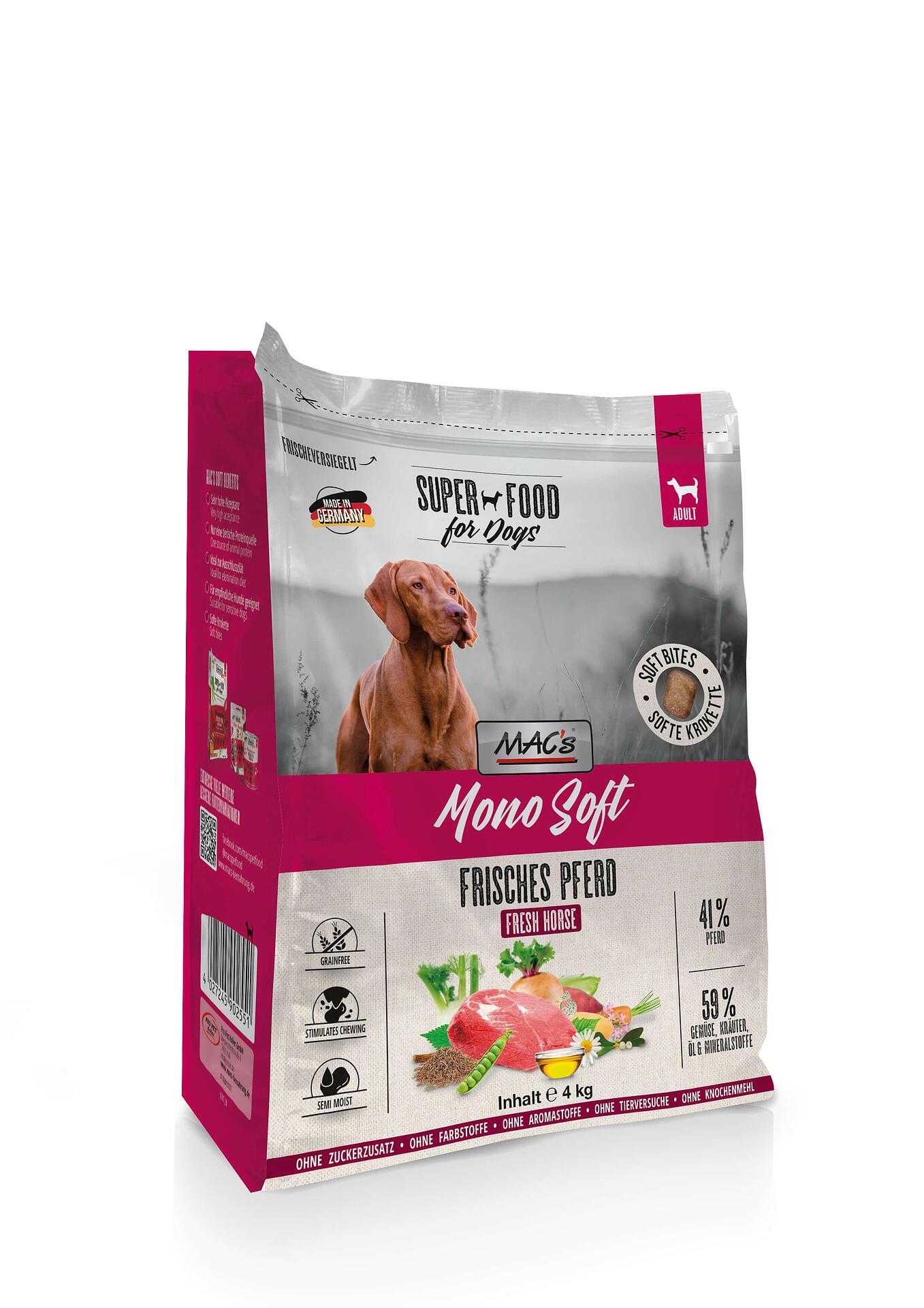 Mac's s Mono Soft Fresh Horse - мека гранулирана храна за кучета с чувствителен стомах и/или капризен апетит с конско месо
