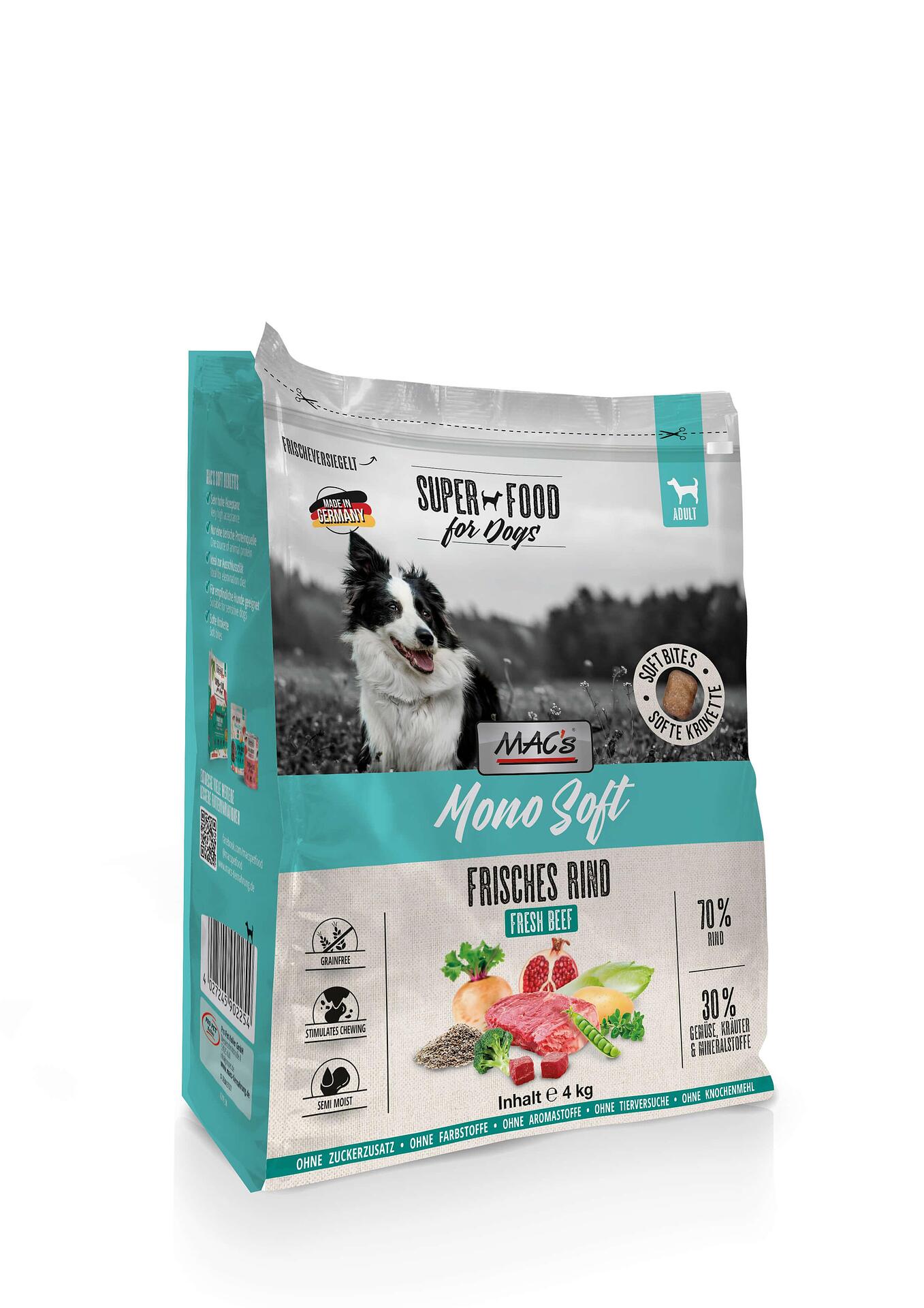 Mac's s Mono Soft Fresh Beef - мека гранулирана храна за кучета с чувствителен стомах и/или капризен апетит с говеждо месо