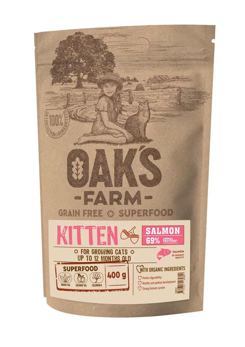 Oak's Farm Kitten Salmon - храна за подрастващи котки до 12 месеца със сьомга