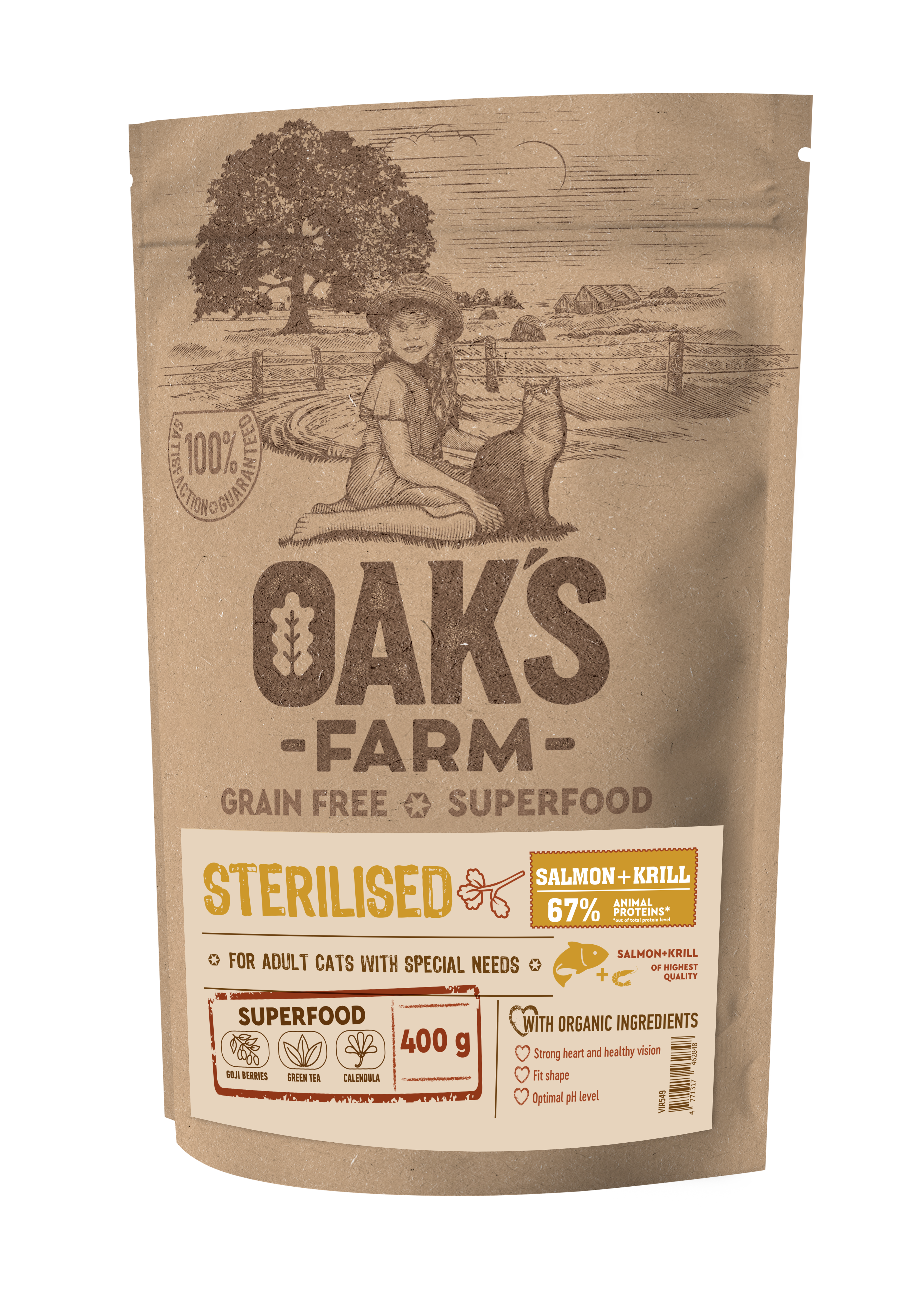 Oak's Farm Adult Cat Sterilised Salmon Krill - храна за кастрирани котки над 1 година със сьомга и крил