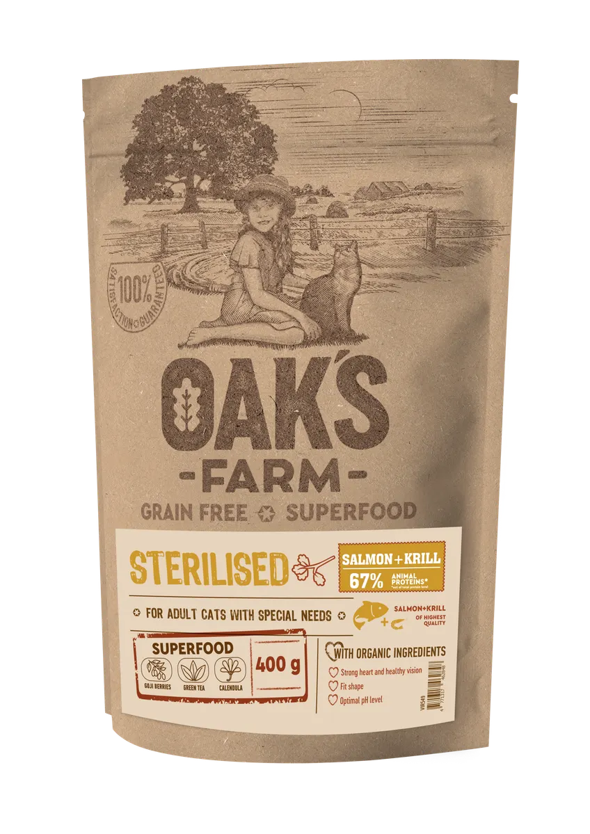 Oak's Farm Adult Cat Sterilised Salmon Krill - храна за кастрирани котки над 1 година със сьомга и крил