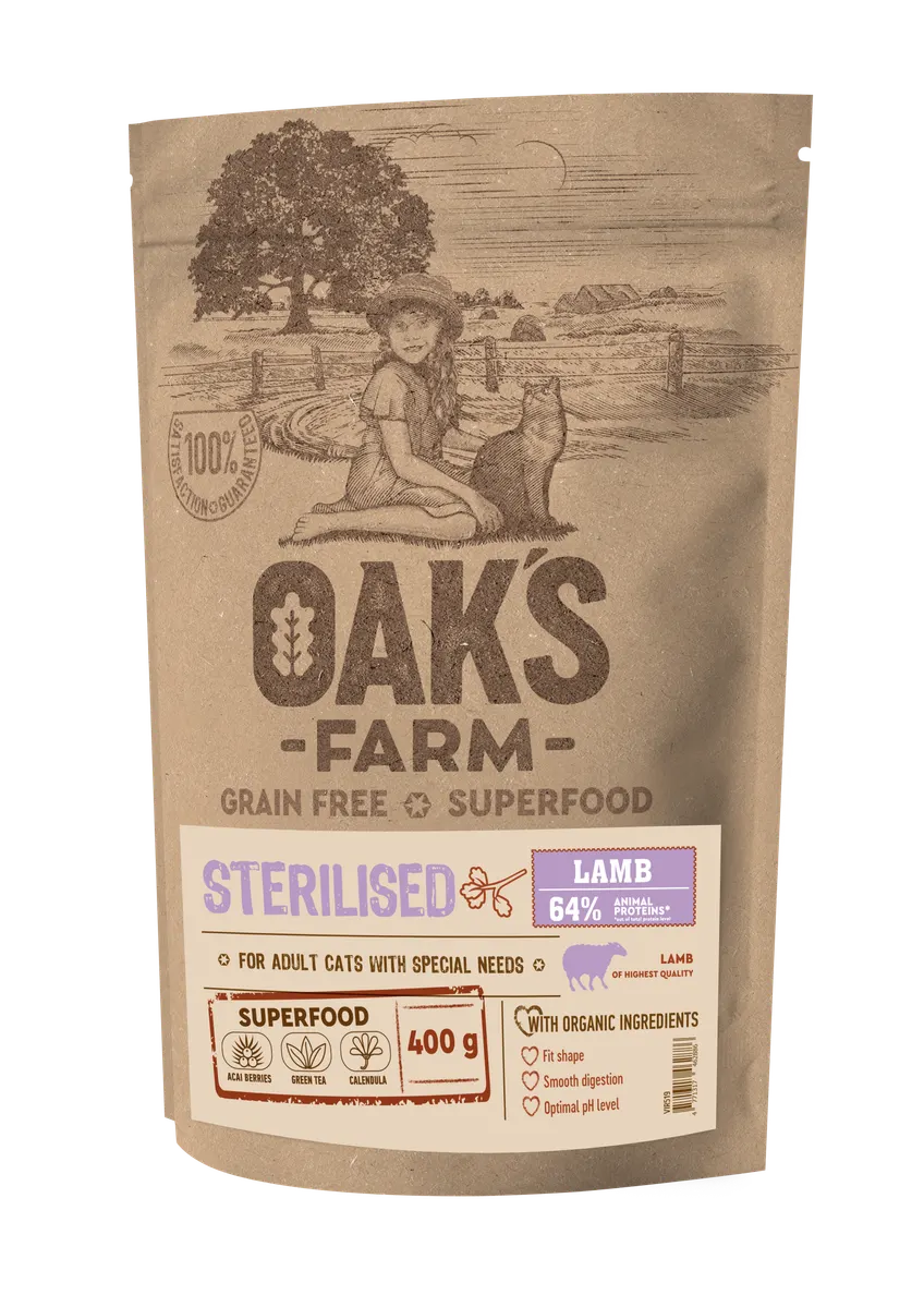 Oak's Farm Adult Cat Sterilised Lamb - храна за кастрирани котки над 1 година с агне