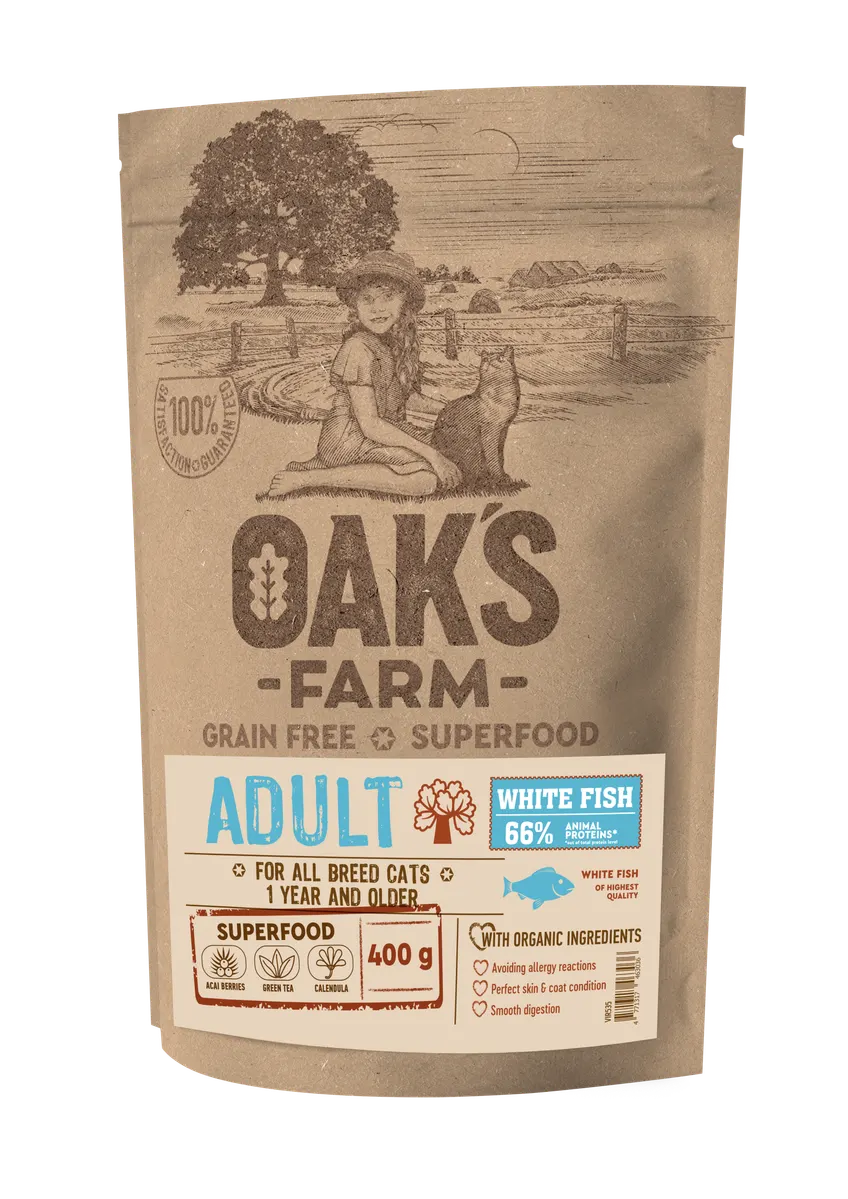 Oak's Farm Adult Cat White Fish - храна за котки с бяла риба