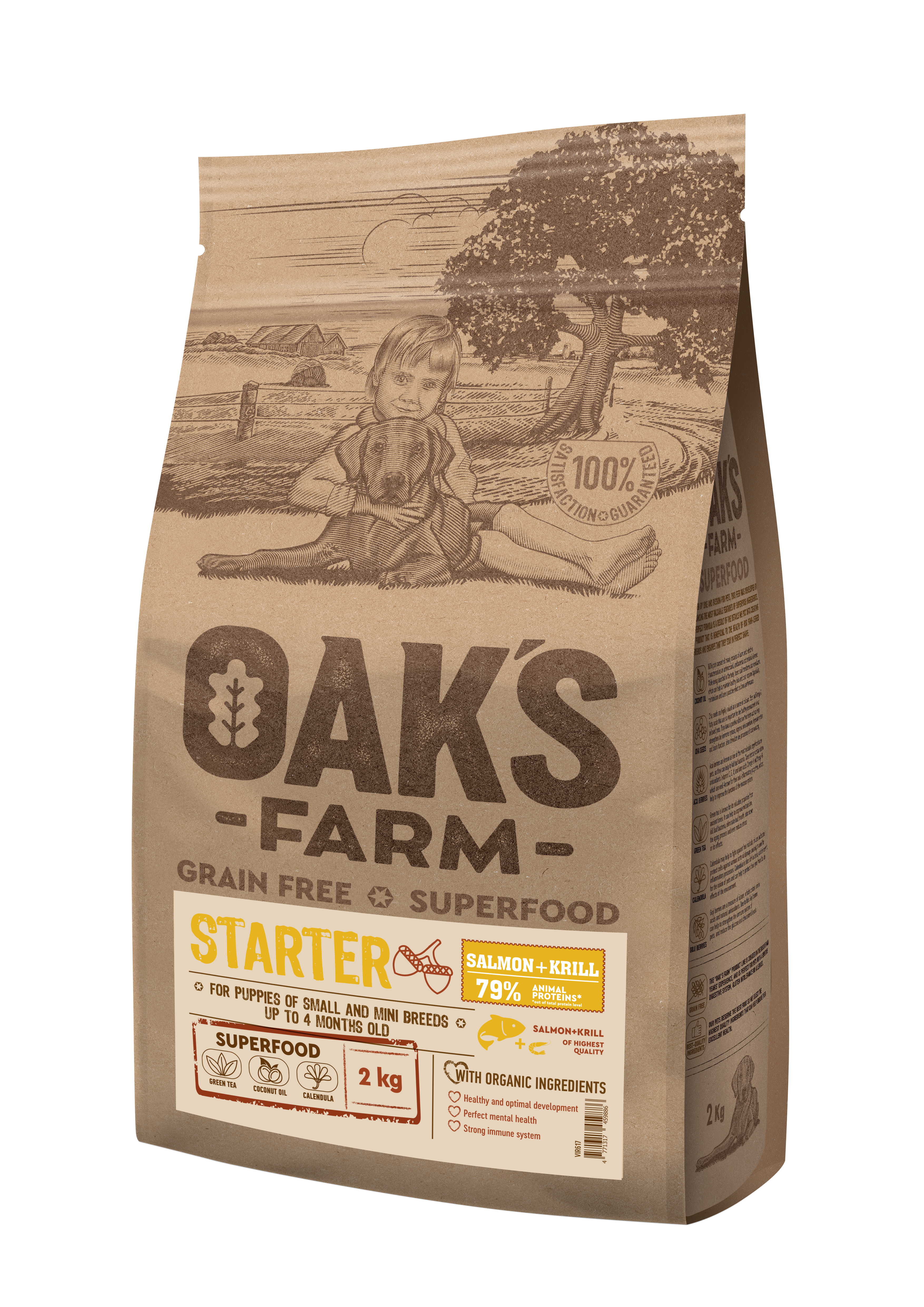 Oak's Farm Starter Small Mini Breeds Salmon Krill - стартер храна за кученца от отбиване до 4 месеца, мини и малки породи (1-10 кг.) със сьомга и крил