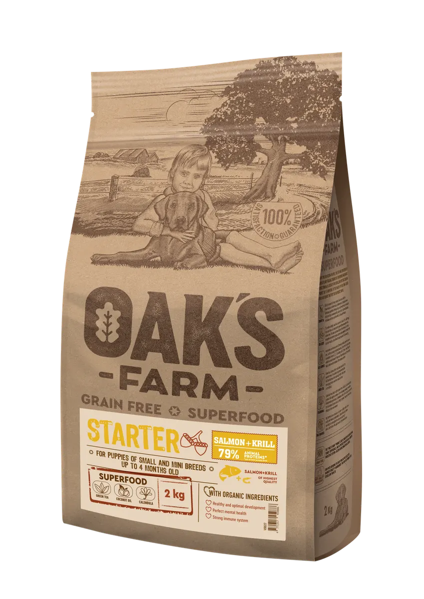 Oak's Farm Starter Small Mini Breeds Salmon Krill - стартер храна за кученца от отбиване до 4 месеца, мини и малки породи (1-10 кг.) със сьомга и крил