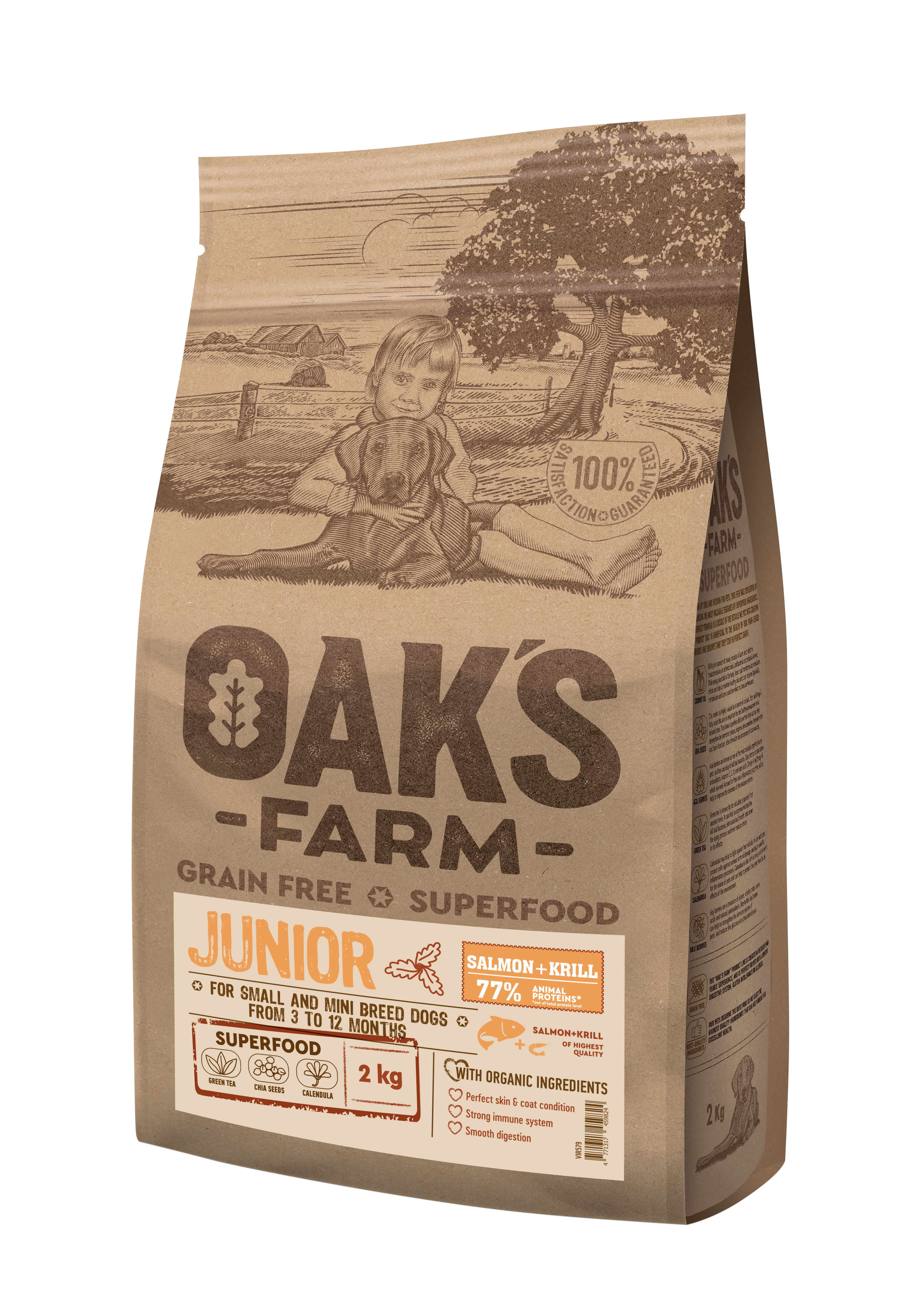 Oak's Farm Junior Small Mini Breeds Salmon Krill - храна за подрастващи кучета (3-12 месеца) мини и малки породи (1-10 кг.) със сьомга и крил
