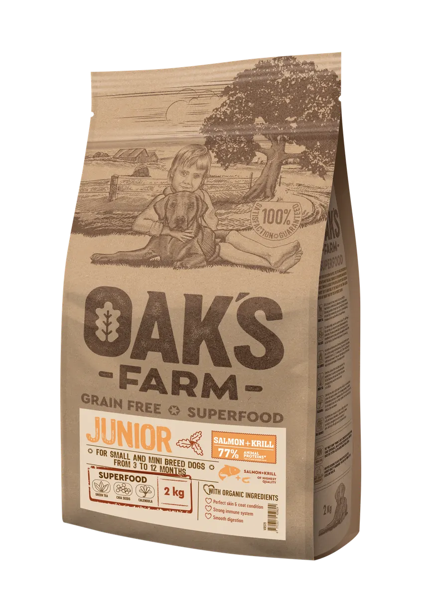Oak's Farm Junior Small Mini Breeds Salmon Krill - храна за подрастващи кучета (3-12 месеца) мини и малки породи (1-10 кг.) със сьомга и крил