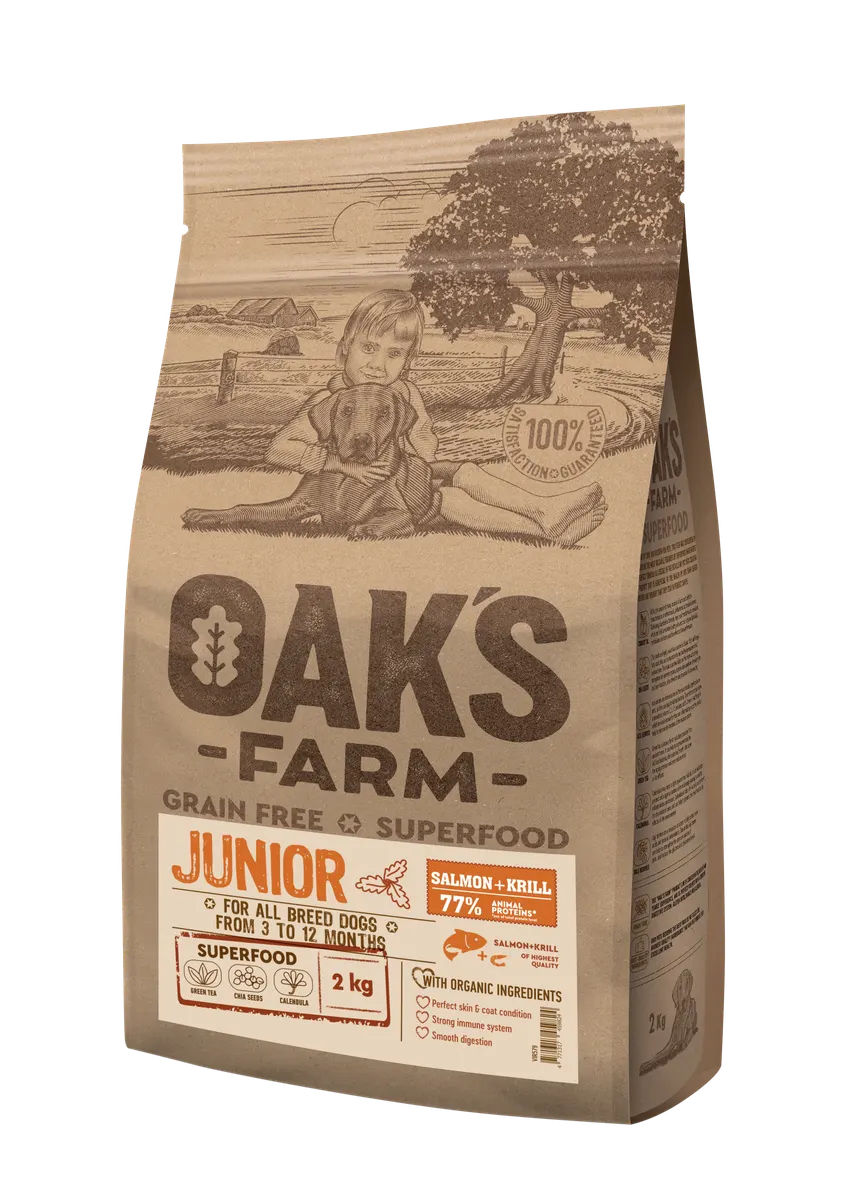 Oak's Farm Junior All Breeds Salmon Krill - храна за подрастващи кучета (3-12 месеца) всички породи със сьомга и крил