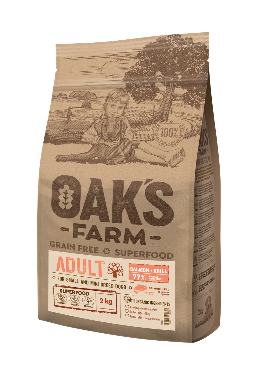 Oak's Farm Adult Small Mini Breeds Salmon Krill - храна за кучета мини и малки породи (1-10 кг.) със сьомга и крил