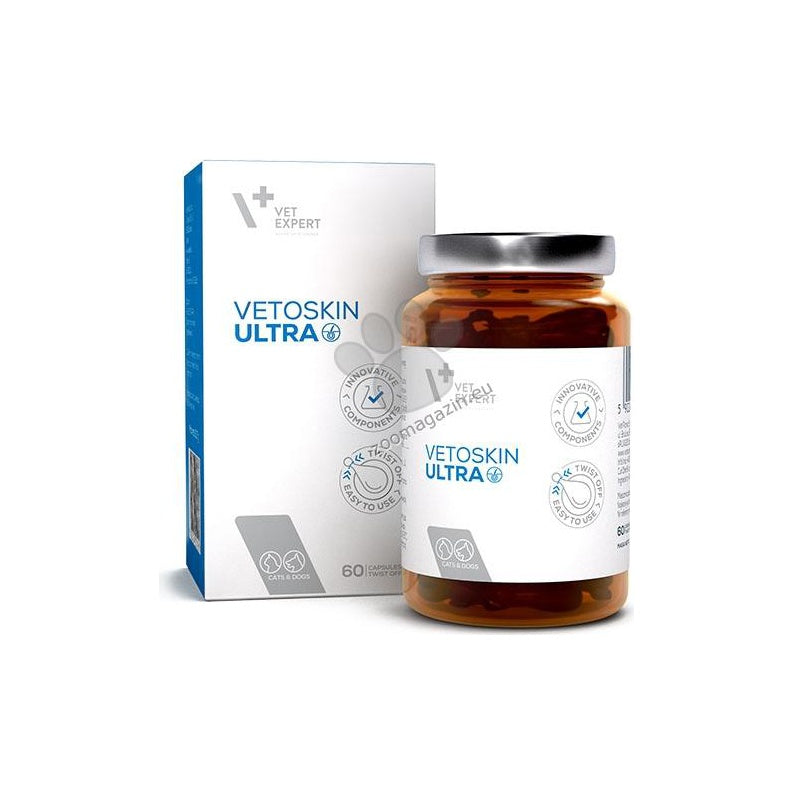 Vet Expert VetoSkin Ultra - хранителна добавка за кучета и котки, за цялостна подкрепа за правилното функциониране на кожата и процесите на регенерация