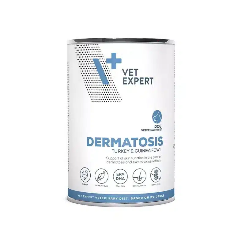 Vet Expert Dog Dermatosis Turkey Guinea Fowl - консерва за кучета с дерматологични заболявания и хранителна непоносимост, с пуйка и токачки