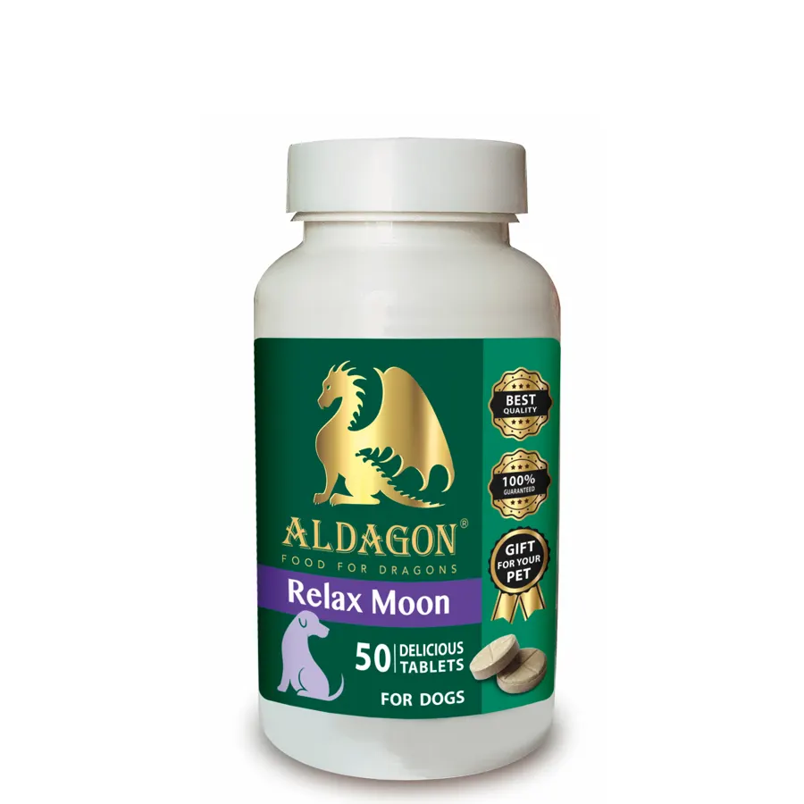 ALDAGON RELAX MOON - хранителна добавка за кучета и котки за успокоение при страх от гърмежи, грумъри, ветеринари, пътуване и посещение на кучешки хотели